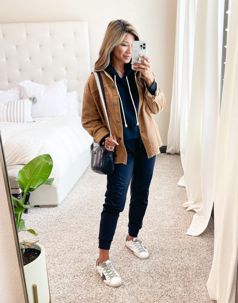 shacket and joggers
